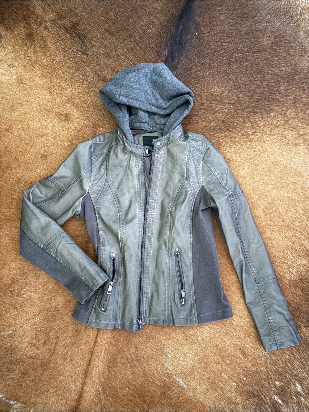 a.n.a Olive Green Faux-Leather Hooded Jacket